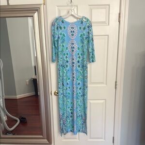 SERALINA FLORAL UPF 50 MAXI DRESS IN FRENCHIE BLUE MOSAIC SHELLS